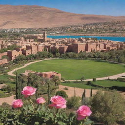 Showcase a picturesque panorama of Kelaat M'Gouna, a town in Morocco noted for its rose festival, with its rustic architecture, verdant rose gardens, and spectacular mountainous backdrop