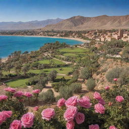 Showcase a picturesque panorama of Kelaat M'Gouna, a town in Morocco noted for its rose festival, with its rustic architecture, verdant rose gardens, and spectacular mountainous backdrop