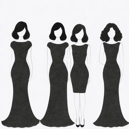 Outline drawing of four faceless women in black sparkling dresses at a birthday party. One woman showcases short hair, another has medium length hair, and the other two possess long hair, one straight and one curly.