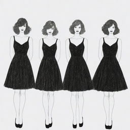 Outline drawing of four faceless women in black sparkling dresses at a birthday party. One woman showcases short hair, another has medium length hair, and the other two possess long hair, one straight and one curly.