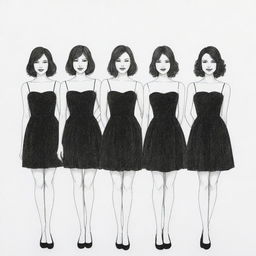 Outline drawing of four faceless women in black sparkling dresses at a birthday party. One woman showcases short hair, another has medium length hair, and the other two possess long hair, one straight and one curly.