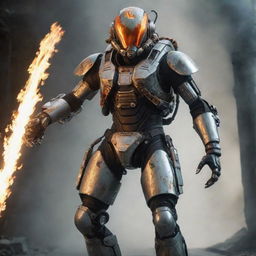 A stalwart video game character layered in treacherous cyborg gear, activated with a flaming jetpack. The gear, detailed with cold metal, glinting wires, and the energy of the jetpack creates a dynamic, high-tech entity.