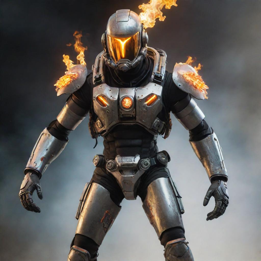 A stalwart video game character layered in treacherous cyborg gear, activated with a flaming jetpack. The gear, detailed with cold metal, glinting wires, and the energy of the jetpack creates a dynamic, high-tech entity.