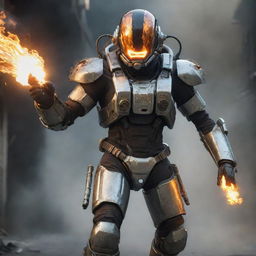 A stalwart video game character layered in treacherous cyborg gear, activated with a flaming jetpack. The gear, detailed with cold metal, glinting wires, and the energy of the jetpack creates a dynamic, high-tech entity.