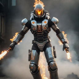 A stalwart video game character layered in treacherous cyborg gear, activated with a flaming jetpack. The gear, detailed with cold metal, glinting wires, and the energy of the jetpack creates a dynamic, high-tech entity.