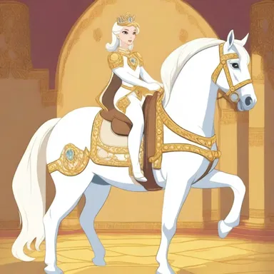 In the animated TV show, the princess's white horse was caparisoned with golden armor and a bejeweled saddle.