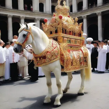 During the religious procession, a caparisoned steed led the way, adorned with religious symbols and ceremonial ornaments.