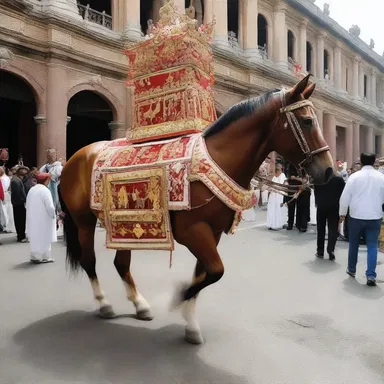 During the religious procession, a caparisoned steed led the way, adorned with religious symbols and ceremonial ornaments.