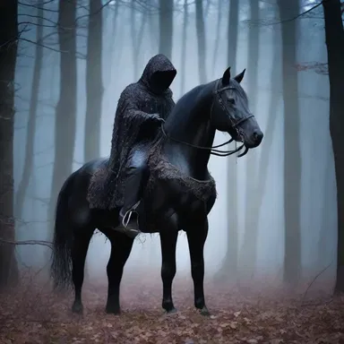 In the dark and eerie forest, the ghostly figure of the headless horseman rode a caparisoned black horse covered in spectral trappings.