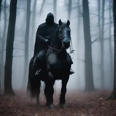 In the dark and eerie forest, the ghostly figure of the headless horseman rode a caparisoned black horse covered in spectral trappings.