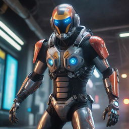 A gutsy video game character adorned in risky cyborg gear, equipped with a roaring jetpack. His outfit, a vision of gleaming metal and vibrant energy circuits, exudes a sense of adventure and techno-futurism.