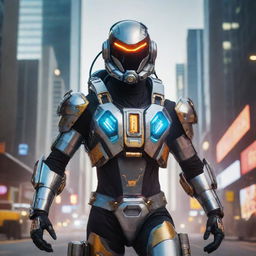 A gutsy video game character adorned in risky cyborg gear, equipped with a roaring jetpack. His outfit, a vision of gleaming metal and vibrant energy circuits, exudes a sense of adventure and techno-futurism.