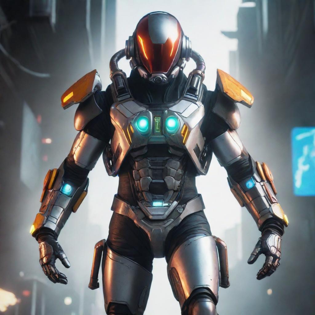 A gutsy video game character adorned in risky cyborg gear, equipped with a roaring jetpack. His outfit, a vision of gleaming metal and vibrant energy circuits, exudes a sense of adventure and techno-futurism.