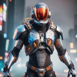 A gutsy video game character adorned in risky cyborg gear, equipped with a roaring jetpack. His outfit, a vision of gleaming metal and vibrant energy circuits, exudes a sense of adventure and techno-futurism.