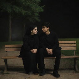 An 18-year-old boy named Abbas and a 17-year-old girl named Zainab, sitting on a bench together in the dark of night. They are dressed in black, heads touching in a symbol of affection.