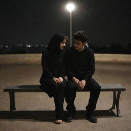 An 18-year-old boy named Abbas and a 17-year-old girl named Zainab, sitting on a bench together in the dark of night. They are dressed in black, heads touching in a symbol of affection.