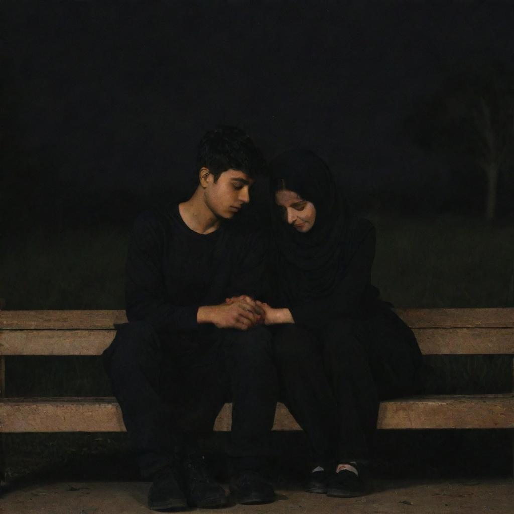 An 18-year-old boy named Abbas and a 17-year-old girl named Zainab, sitting on a bench together in the dark of night. They are dressed in black, heads touching in a symbol of affection.