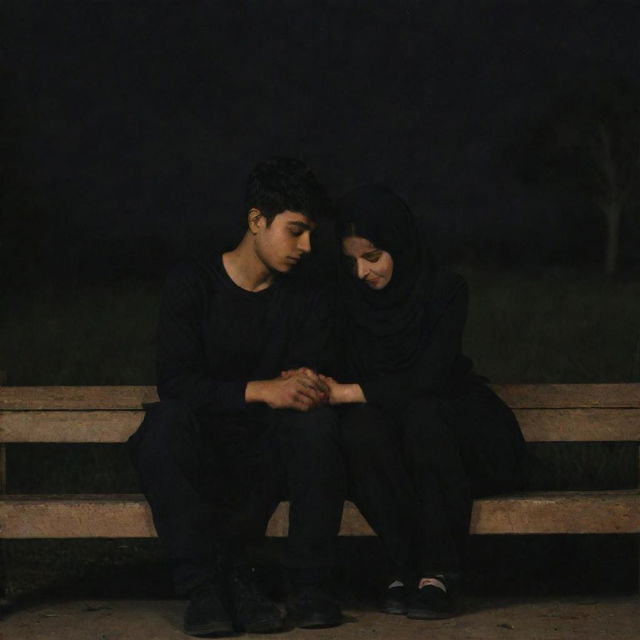 An 18-year-old boy named Abbas and a 17-year-old girl named Zainab, sitting on a bench together in the dark of night. They are dressed in black, heads touching in a symbol of affection.