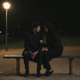 An 18-year-old boy named Abbas and a 17-year-old girl named Zainab, sitting on a bench together in the dark of night. They are dressed in black, heads touching in a symbol of affection.