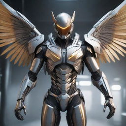 A video game character sheathed in fearsome cyborg gear, unfolded metal wings protruding from the back. His outfit displays a sharp, metallic aesthetic enhanced by the angular wings, radiating an aura of sci-fi fantasy.