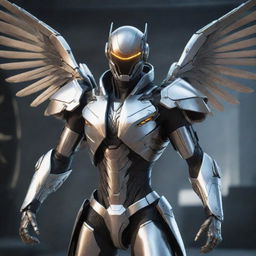 A video game character sheathed in fearsome cyborg gear, unfolded metal wings protruding from the back. His outfit displays a sharp, metallic aesthetic enhanced by the angular wings, radiating an aura of sci-fi fantasy.