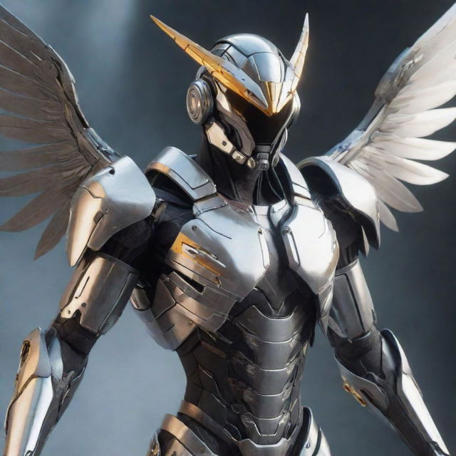 A video game character sheathed in fearsome cyborg gear, unfolded metal wings protruding from the back. His outfit displays a sharp, metallic aesthetic enhanced by the angular wings, radiating an aura of sci-fi fantasy.