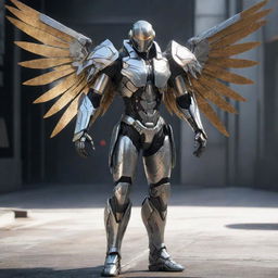 A video game character sheathed in fearsome cyborg gear, unfolded metal wings protruding from the back. His outfit displays a sharp, metallic aesthetic enhanced by the angular wings, radiating an aura of sci-fi fantasy.