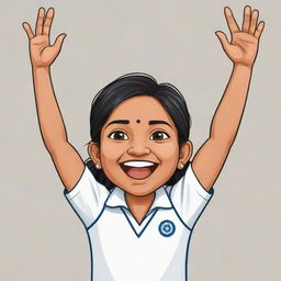 A chibi style cartoon of a jubilant Indian cricketer with her hands raised in the air, signifying victory.