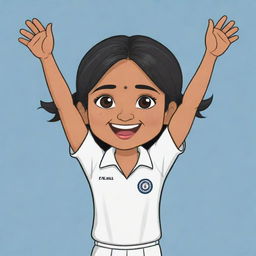 A chibi style cartoon of a jubilant Indian cricketer with her hands raised in the air, signifying victory.