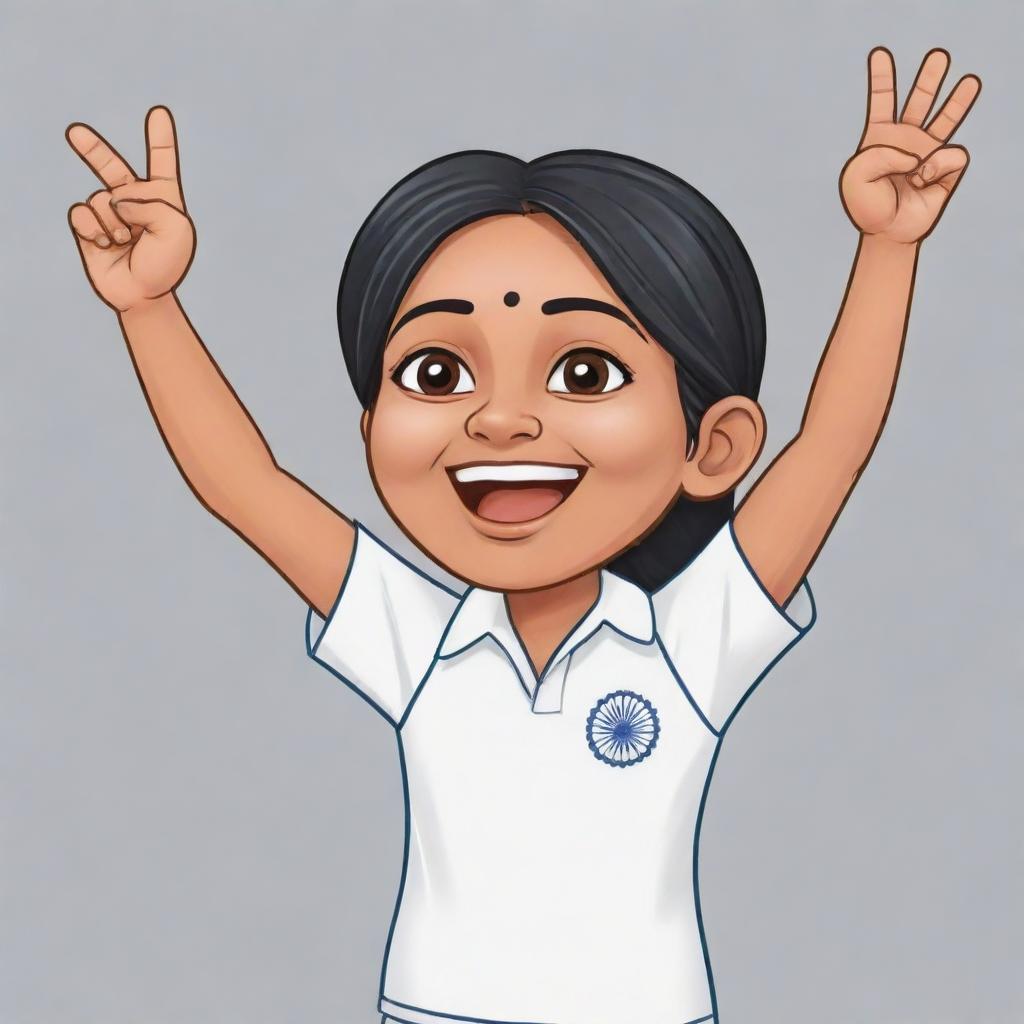 A chibi style cartoon of a jubilant Indian cricketer with her hands raised in the air, signifying victory.