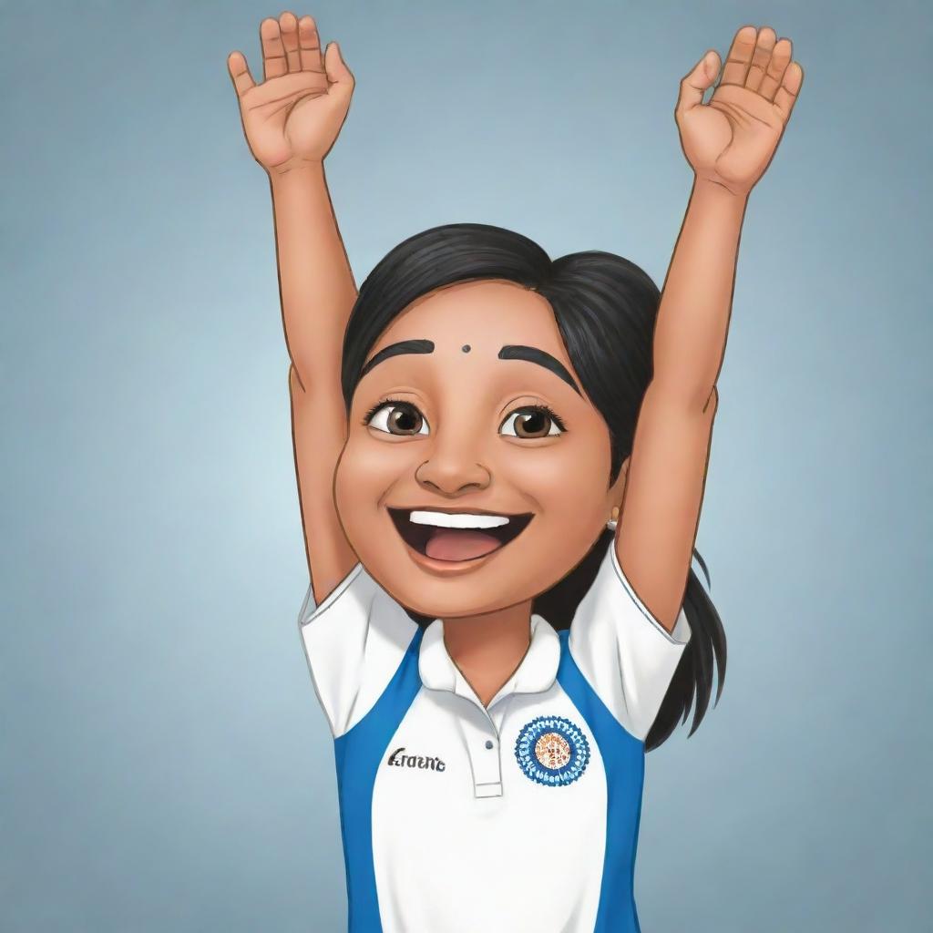 A chibi style cartoon of a jubilant Indian cricketer with her hands raised in the air, signifying victory.