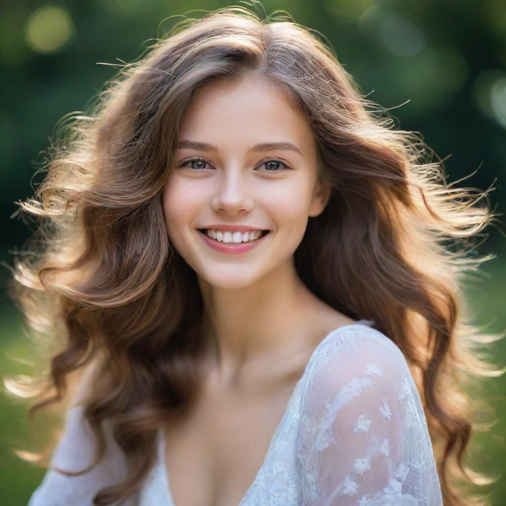 An artistic portrait of a charming girl, exuding radiance with her dazzling smile, sparkling eyes, and flowing hair, encompassing the essence of youthful beauty and innocence