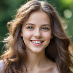 An artistic portrait of a charming girl, exuding radiance with her dazzling smile, sparkling eyes, and flowing hair, encompassing the essence of youthful beauty and innocence