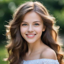 An artistic portrait of a charming girl, exuding radiance with her dazzling smile, sparkling eyes, and flowing hair, encompassing the essence of youthful beauty and innocence