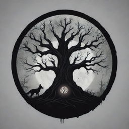 A terrifying logo dripping with elements of dark fantasy. Incorporate mythical creatures, twisted trees, and eerie moonlight.