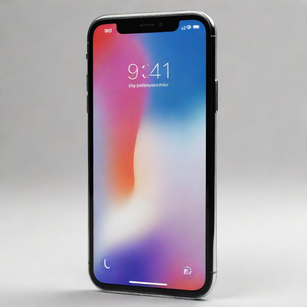 Depict a sleek, modern iPhone with a crystal clear, ultra-high definition screen, encased in a shiny metallic body, set against a minimalistic background