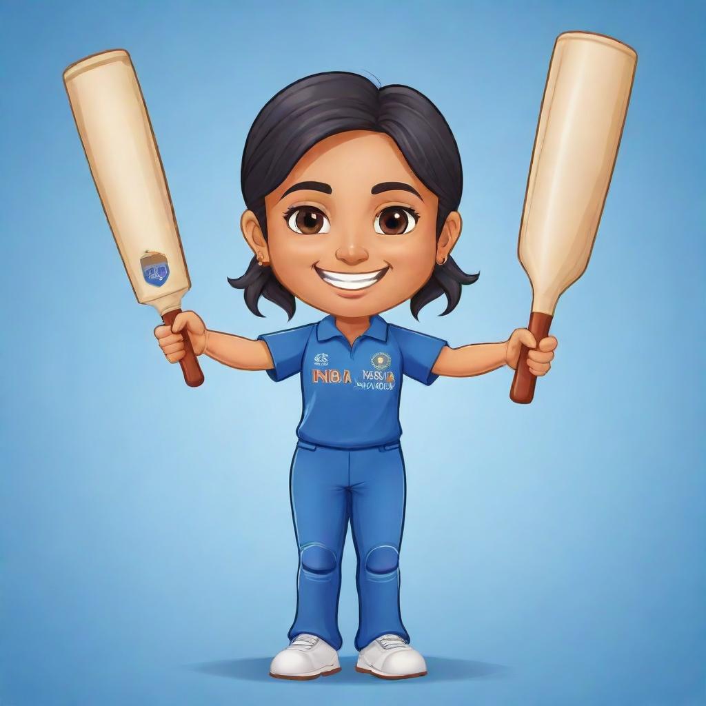 A chibi style cartoon of an Indian female cricketer in a blue Indian cricket jersey, cheerfully holding up her bat to signify her achievement of reaching a 50 score mark.