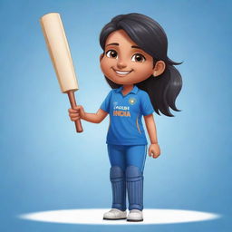 A chibi style cartoon of an Indian female cricketer in a blue Indian cricket jersey, cheerfully holding up her bat to signify her achievement of reaching a 50 score mark.