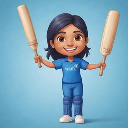 A chibi style cartoon of an Indian female cricketer in a blue Indian cricket jersey, cheerfully holding up her bat to signify her achievement of reaching a 50 score mark.