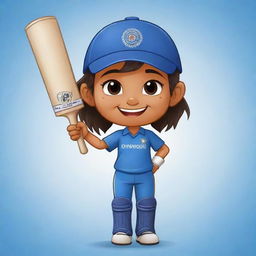 A chibi style cartoon of an Indian female cricketer in a blue Indian cricket jersey, cheerfully holding up her bat to signify her achievement of reaching a 50 score mark.