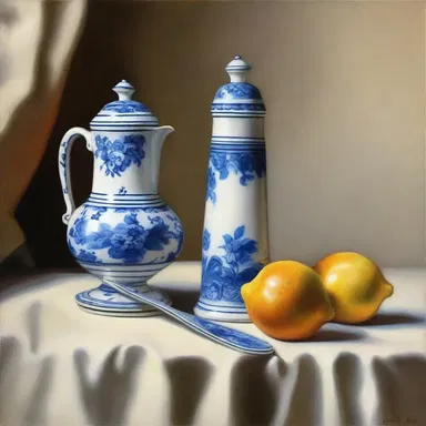 The artist painted a still life of a delicate porcelain silent butler on a vibrant canvas.