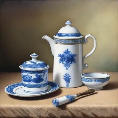 The artist painted a still life of a delicate porcelain silent butler on a vibrant canvas.