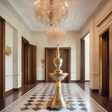 The luxurious mansion featured an elegant foyer with a gold-plated silent butler as a decorative centerpiece.