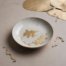 Create a moodboard inspired by Kintsugi, the Japanese art of repairing broken pottery with gold, featuring atmospheric imagery, pottery pieces, gold veins, and related textures and motifs.