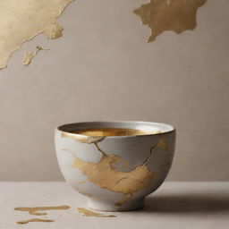 Create a moodboard inspired by Kintsugi, the Japanese art of repairing broken pottery with gold, featuring atmospheric imagery, pottery pieces, gold veins, and related textures and motifs.