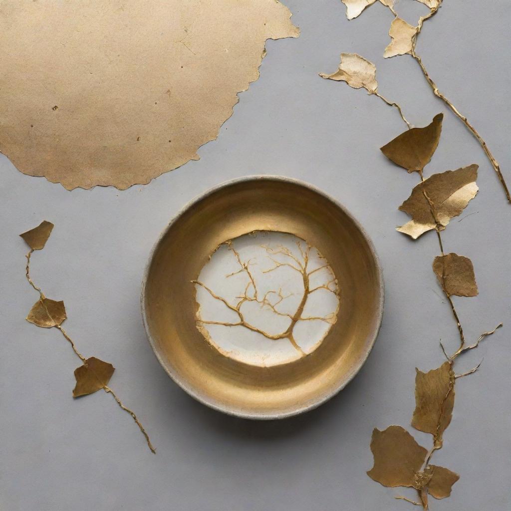 Create a moodboard inspired by Kintsugi, the Japanese art of repairing broken pottery with gold, featuring atmospheric imagery, pottery pieces, gold veins, and related textures and motifs.