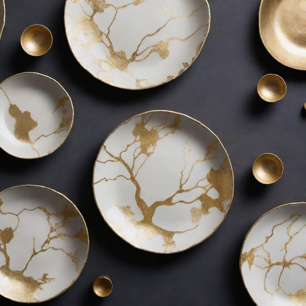 Create a moodboard inspired by Kintsugi, the Japanese art of repairing broken pottery with gold, featuring atmospheric imagery, pottery pieces, gold veins, and related textures and motifs.