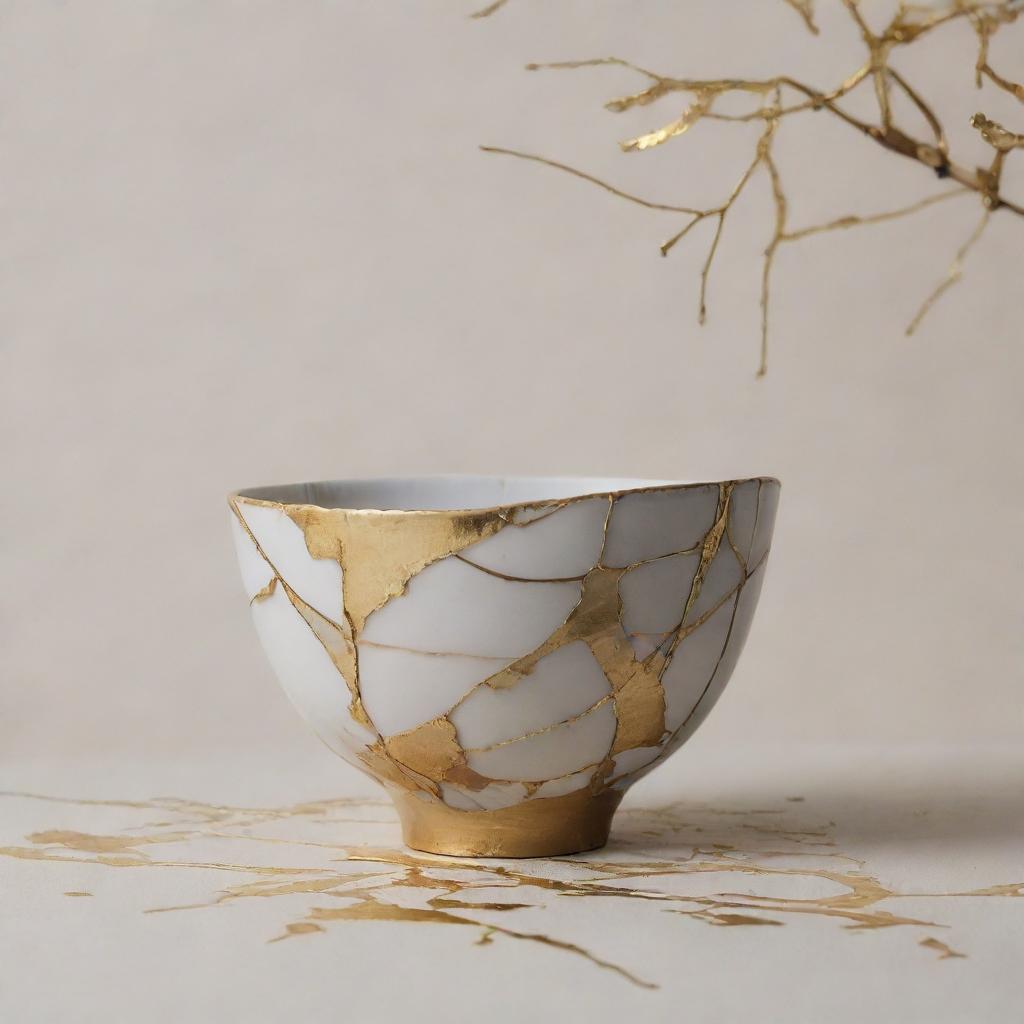 Generate a concept board illustrating the principles of Kintsugi, the Japanese art of restoring broken pottery with gold, combining images of detailed pottery, golden repair lines and abstract elements reflective of the process.