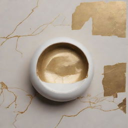 Generate a concept board illustrating the principles of Kintsugi, the Japanese art of restoring broken pottery with gold, combining images of detailed pottery, golden repair lines and abstract elements reflective of the process.