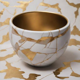 Generate a concept board illustrating the principles of Kintsugi, the Japanese art of restoring broken pottery with gold, combining images of detailed pottery, golden repair lines and abstract elements reflective of the process.